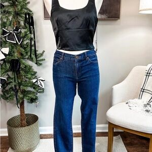 Black Satin Crop Top and Blue Jeans